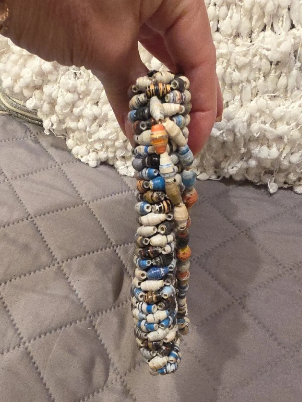 Handmade Paper Beaded Wristlet Clutch in Neutral, Brown & Blue - Picture 6 of 15